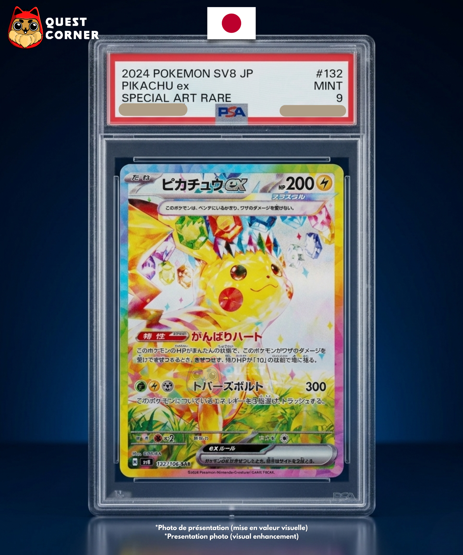 Carte Gradée Pokémon – Pikachu ex SAR 132/106 - PSA 9 - SV8 - Japonais - Quest Corner