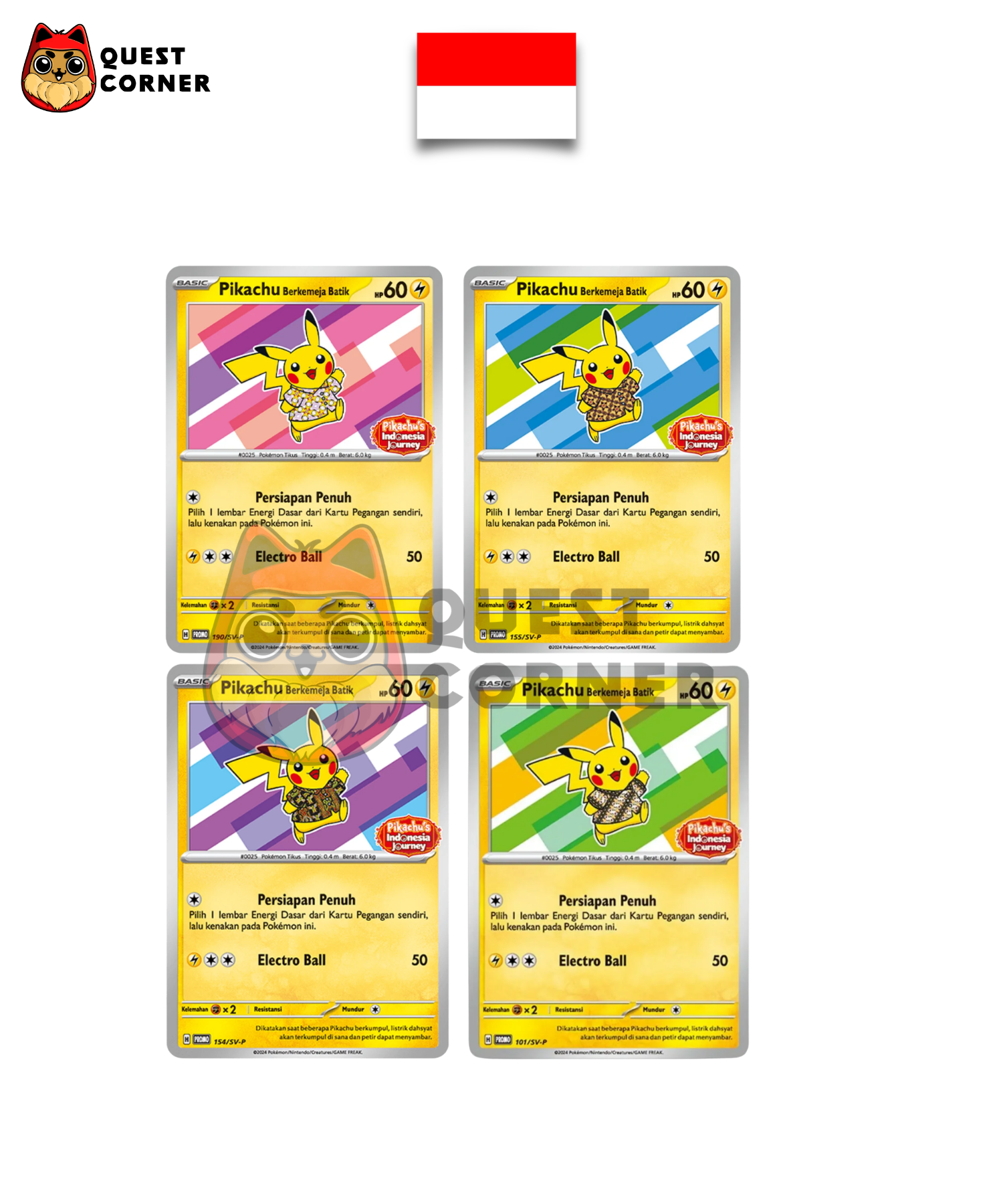 Lot de 20 Pikachu Batik – 4 Variantes x5 – 101/154/155/190 SV-P – Indonésien – Scellés
