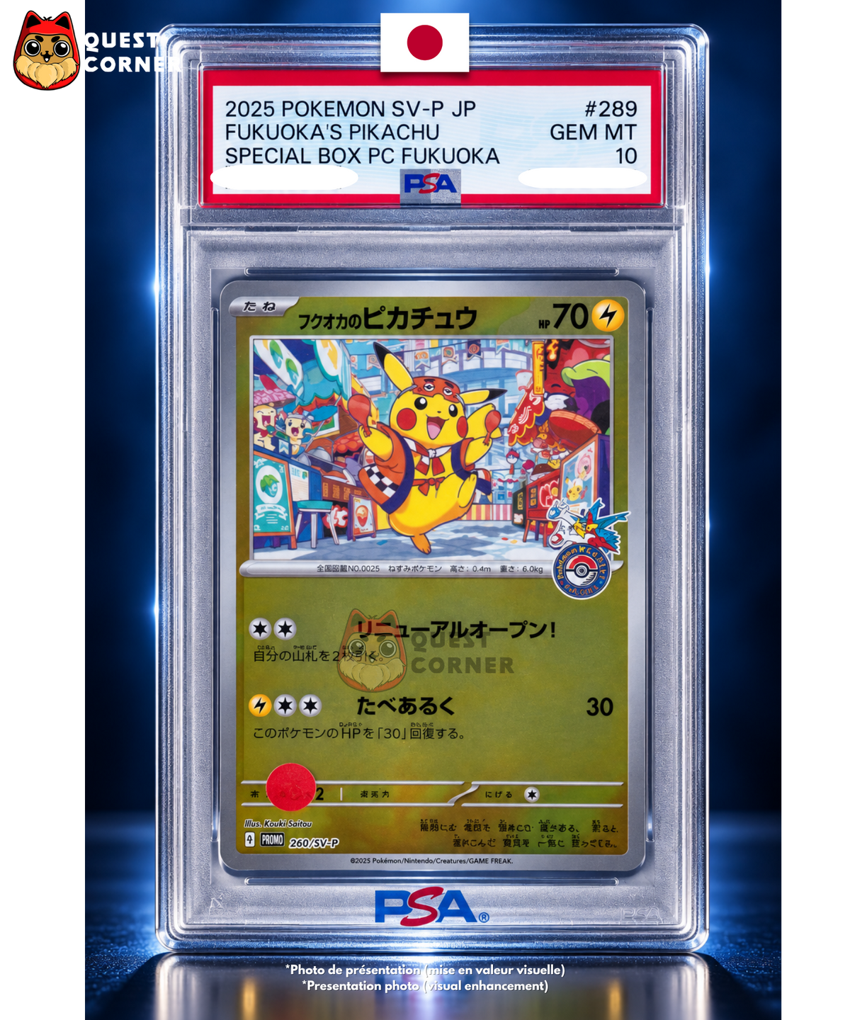 Carte Gradée Pokémon – Pikachu de Fukuoka 289/SV-P – Promo Pokémon Center – PSA 10 – Japonais