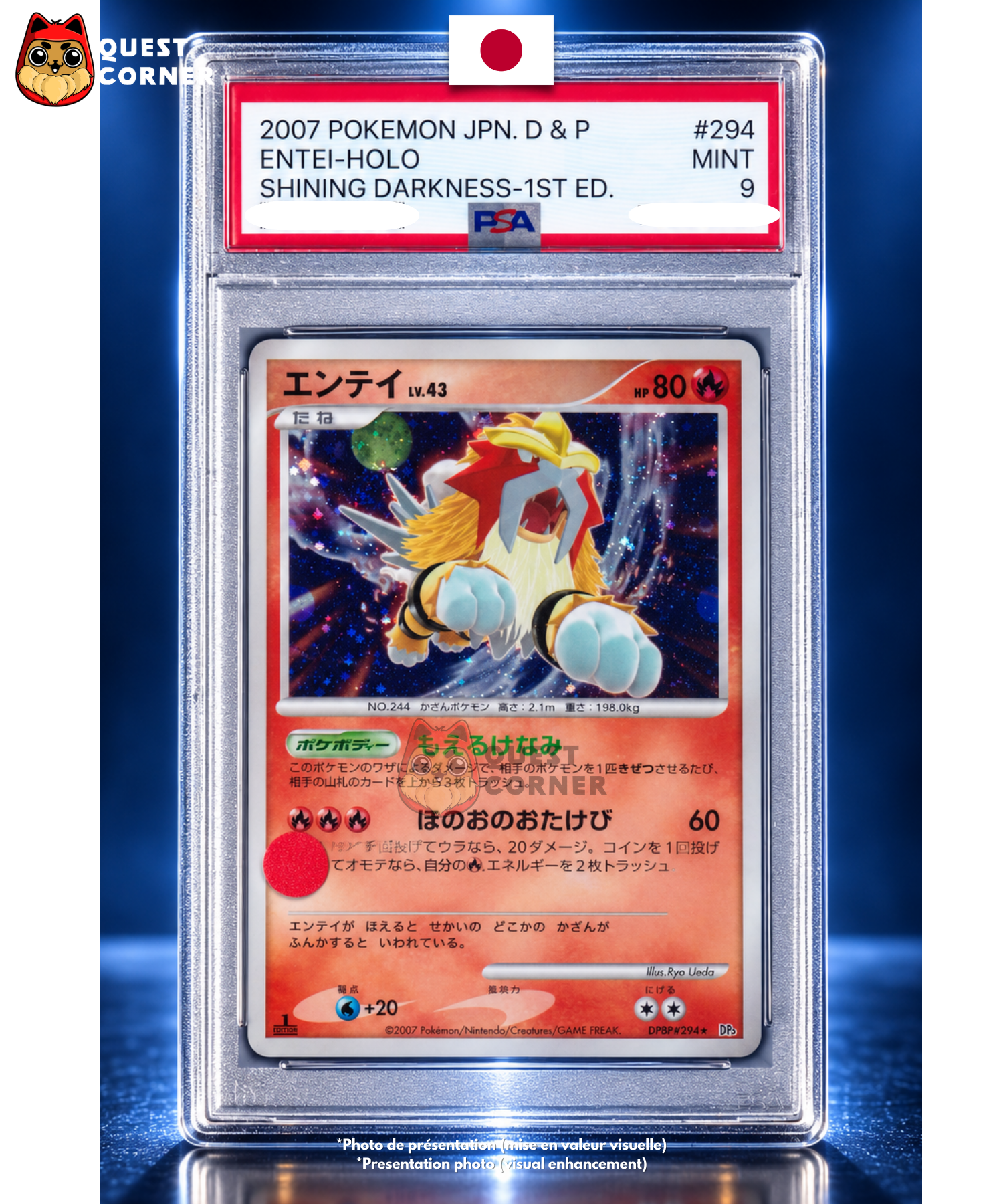 Carte Gradée Pokémon – Entei DPBP#294 – Holo – DP3 Shining Darkness – PSA 9 – Japonais