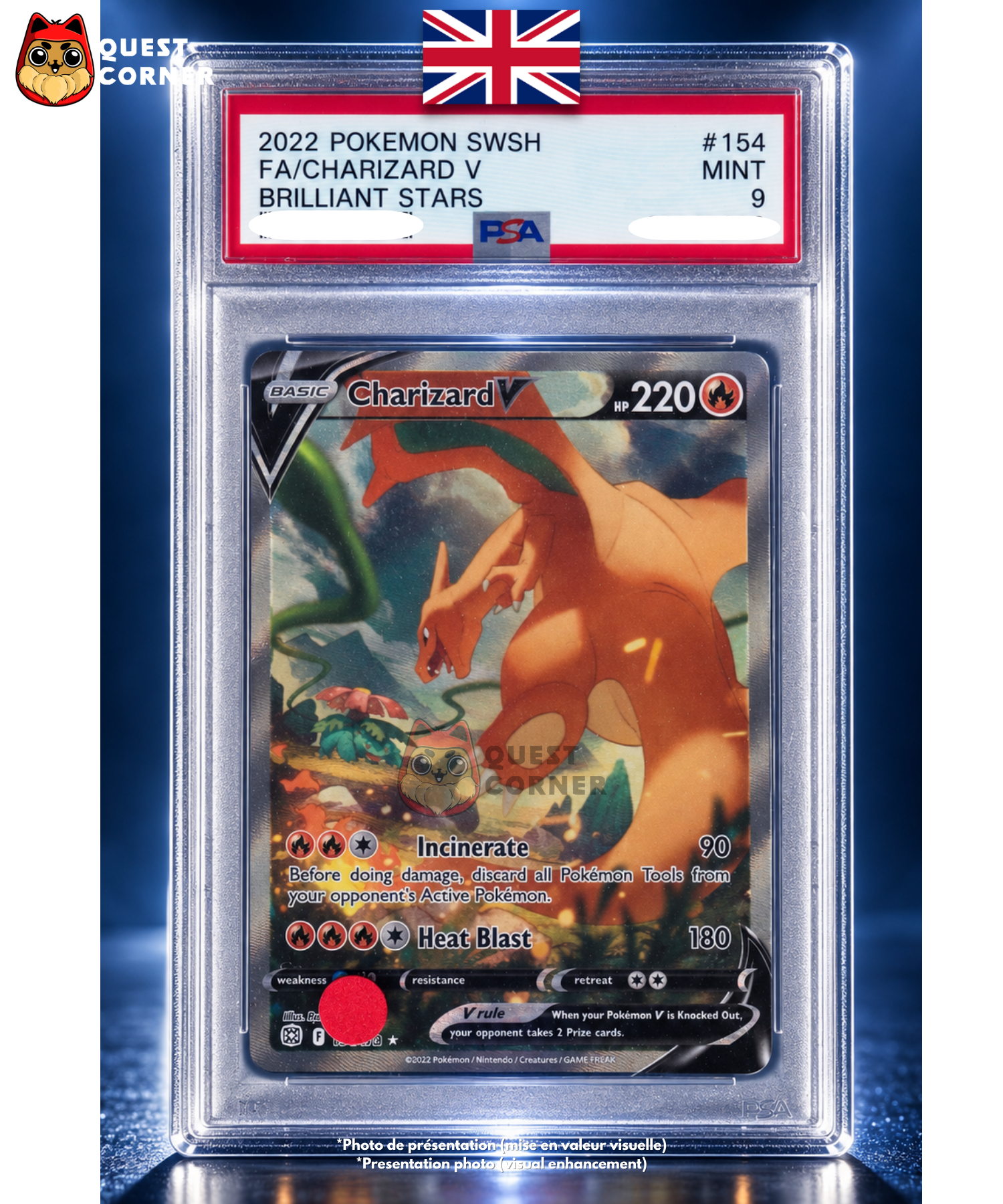 Carte Gradée Pokémon – Dracaufeu V 154/172 – Full Art Alternative – Brilliant Stars – PSA 9 – Anglais