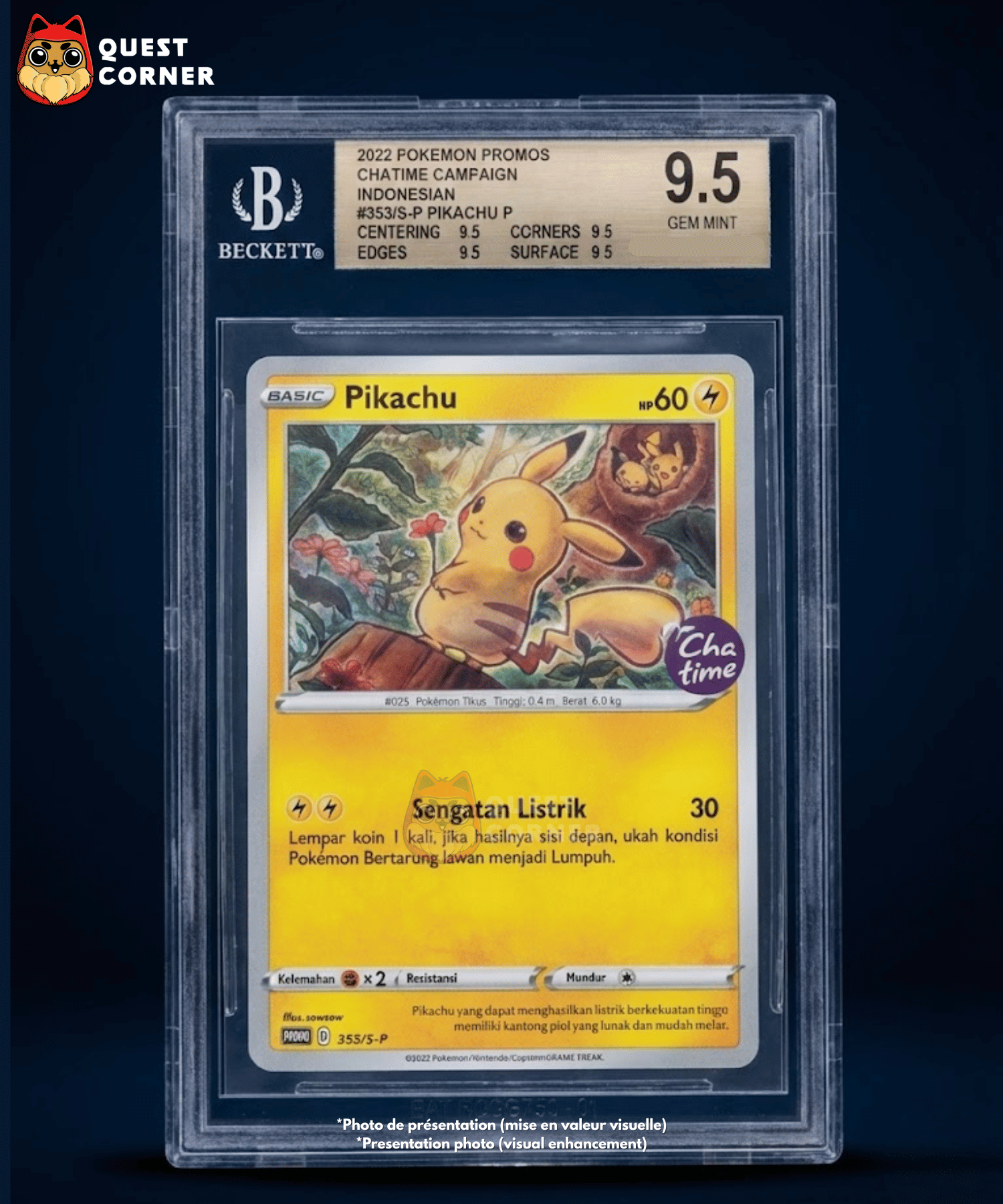 Carte Pokémon Gradée – Pikachu 353/S-P – Reverse Holo – Promo Stamp CHA TIME – Beckett 9.5 – Indonésien - Quest Corner