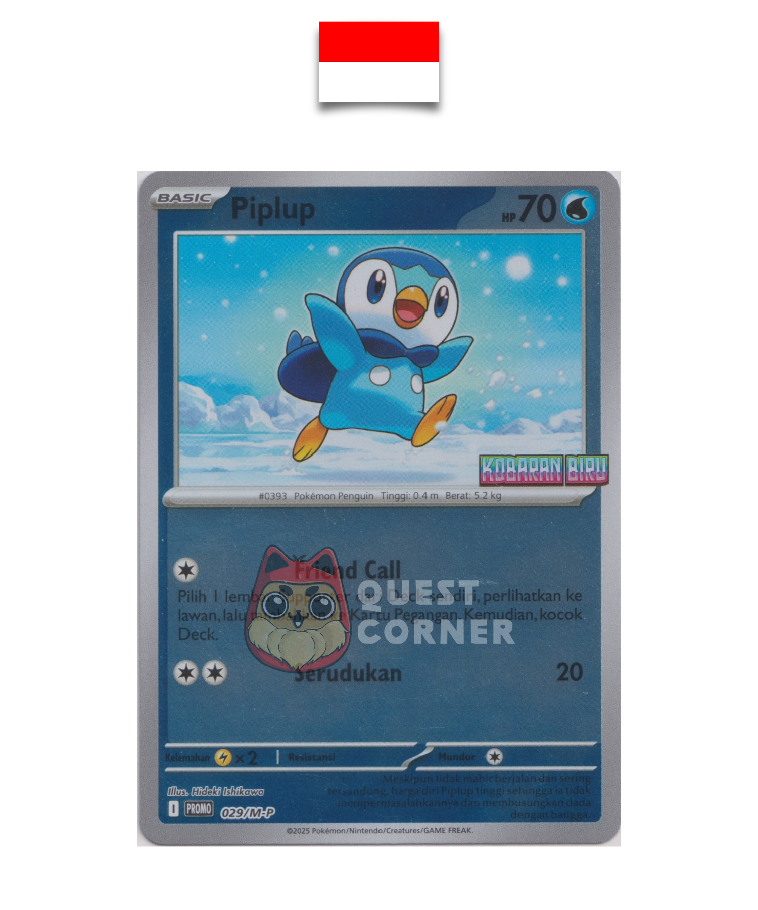 Pokémon Card – Piplup 029/M-P – Reverse Holo – Promo Stamp – Kobaran Biru – Indonesian - Quest Corner