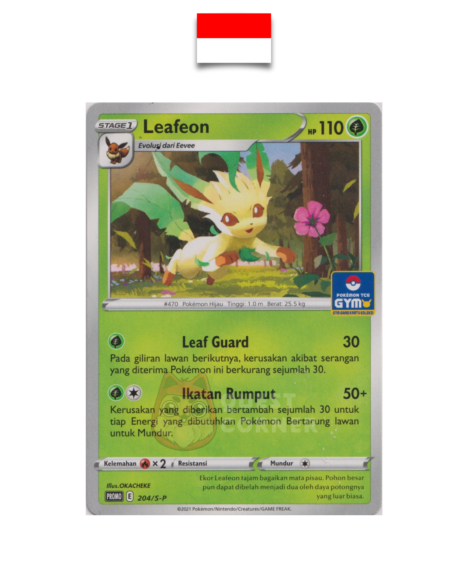 Pokémon Card – Leafeon 204/S-P – Promo Stamp – Pokemon TCG Gym – Indonesian - Quest Corner