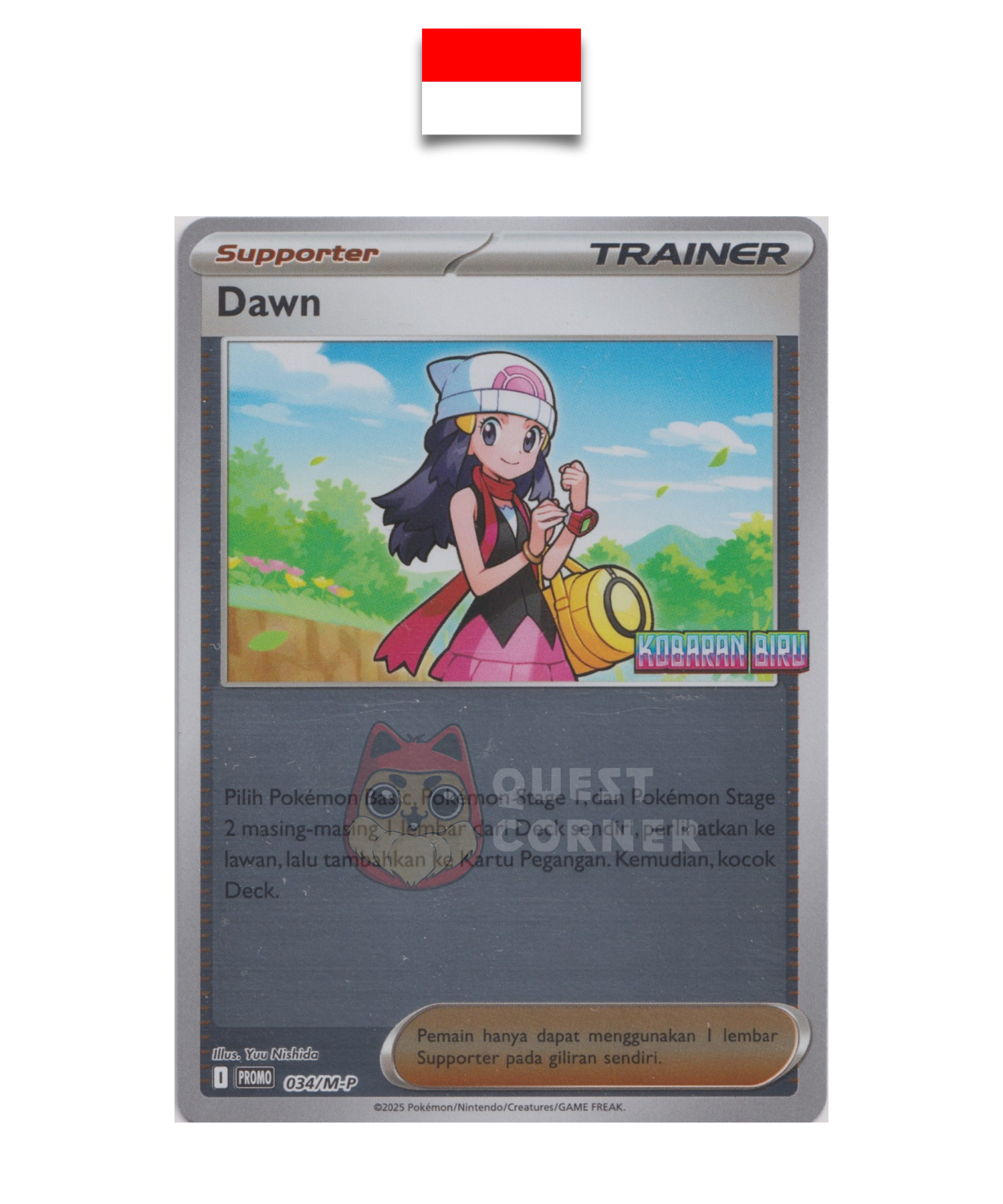 Carte Pokémon – Supporter Aurore 034/M-P – Reverse Holo – Promo Stamp – Kobaran Biru – Indonésien - Quest Corner