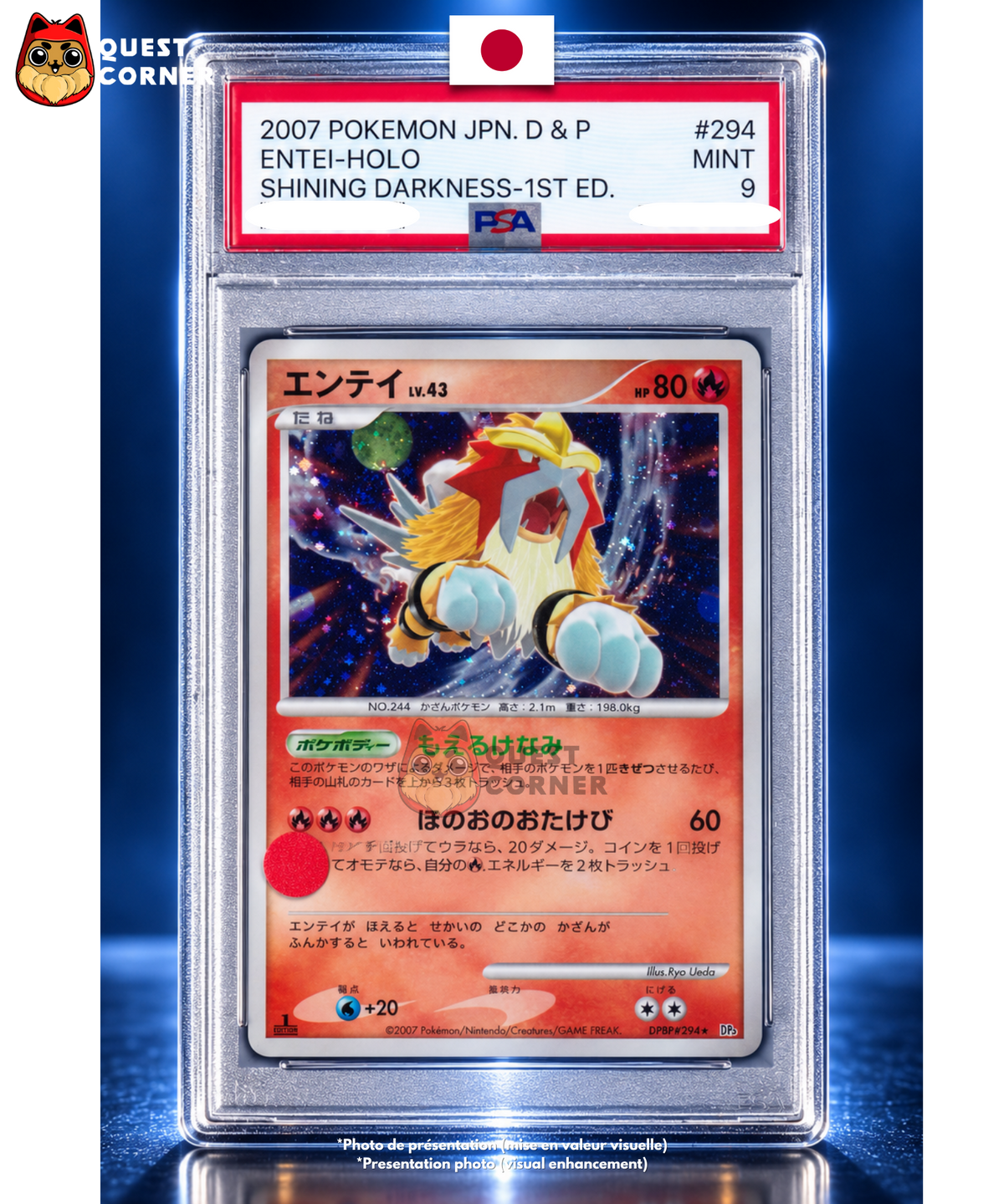 Carte Gradée Pokémon – Entei DPBP#294 – Holo – DP3 Shining Darkness – PSA 9 – Japonais