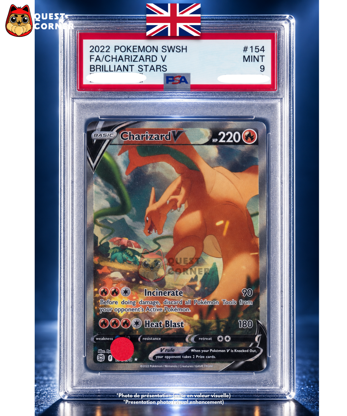 Carte Gradée Pokémon – Dracaufeu V 154/172 – Full Art Alternative – Brilliant Stars – PSA 9 – Anglais