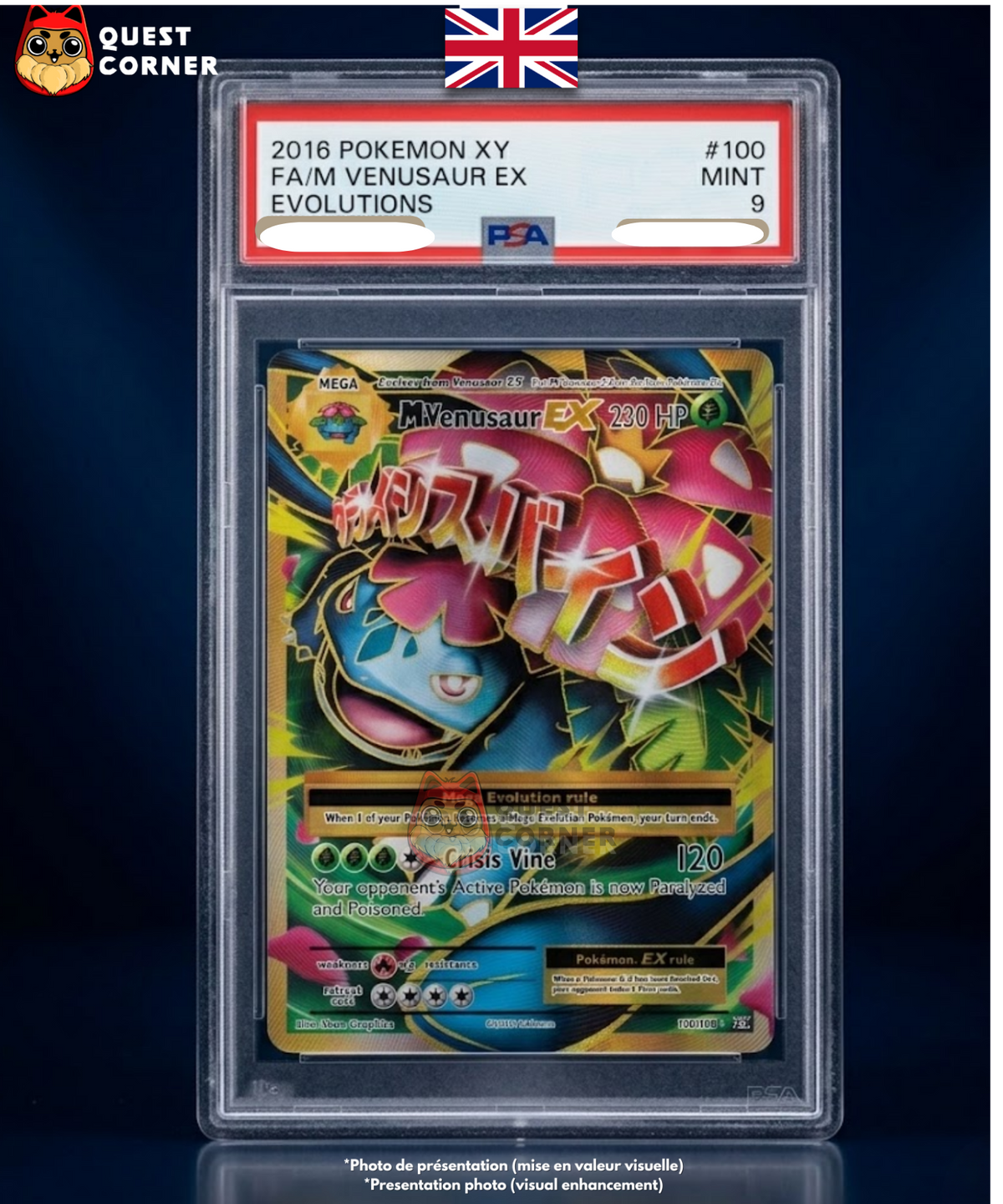 Carte gradée Pokemon – Mega Venusaur EX 100/108 – Evolutions – Anglais – PSA 9 - Quest Corner