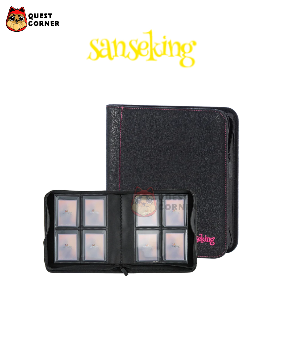 Accessoires TCG – Classeur de Cartes Zippé Sanseking – 4 Pockets / 9 Pockets – Noir brodé rose - Quest Corner