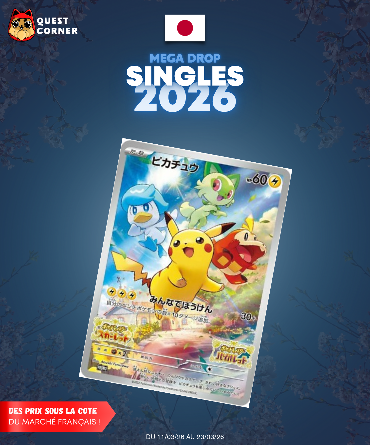 [MEGA DROP 2026] Carte Pokémon – Pikachu Promo 001/SV-P – Scellée – JP - NM - Quest Corner