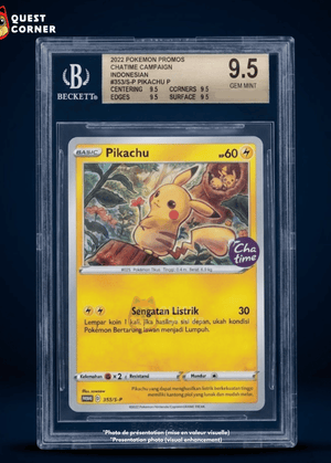 Carte Pokémon Gradée – Pikachu 353/S-P – Reverse Holo – Promo Stamp CHA TIME – Beckett 9.5 – Indonésien - Quest Corner