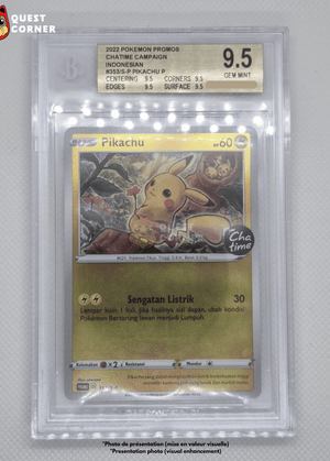 Carte Pokémon Gradée – Pikachu 353/S-P – Reverse Holo – Promo Stamp CHA TIME – Beckett 9.5 – Indonésien - Quest Corner