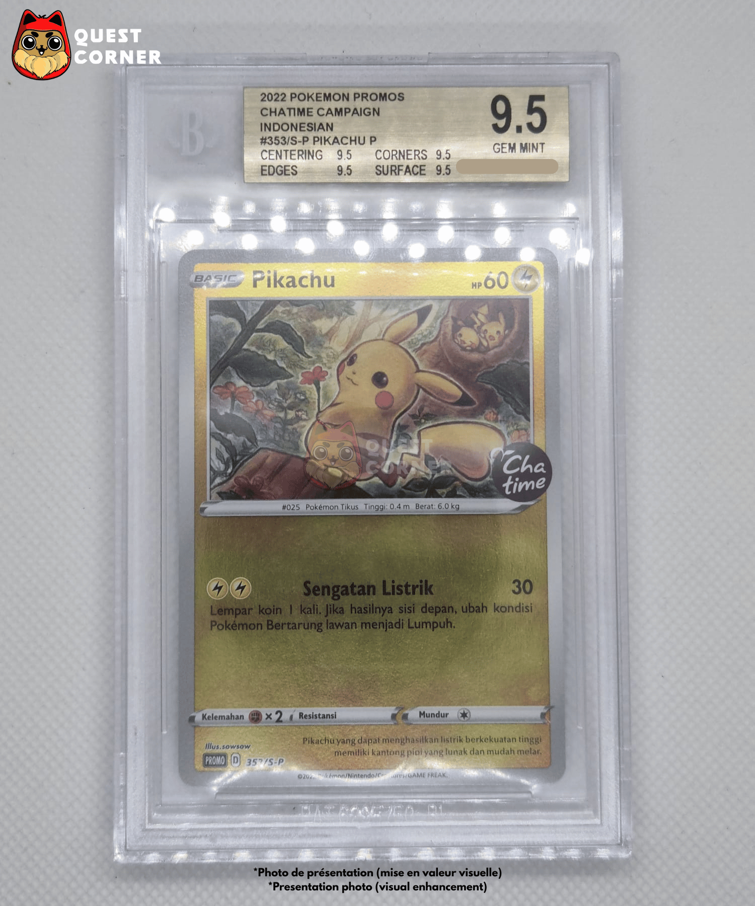 Carte Pokémon Gradée – Pikachu 353/S-P – Reverse Holo – Promo Stamp CHA TIME – Beckett 9.5 – Indonésien - Quest Corner