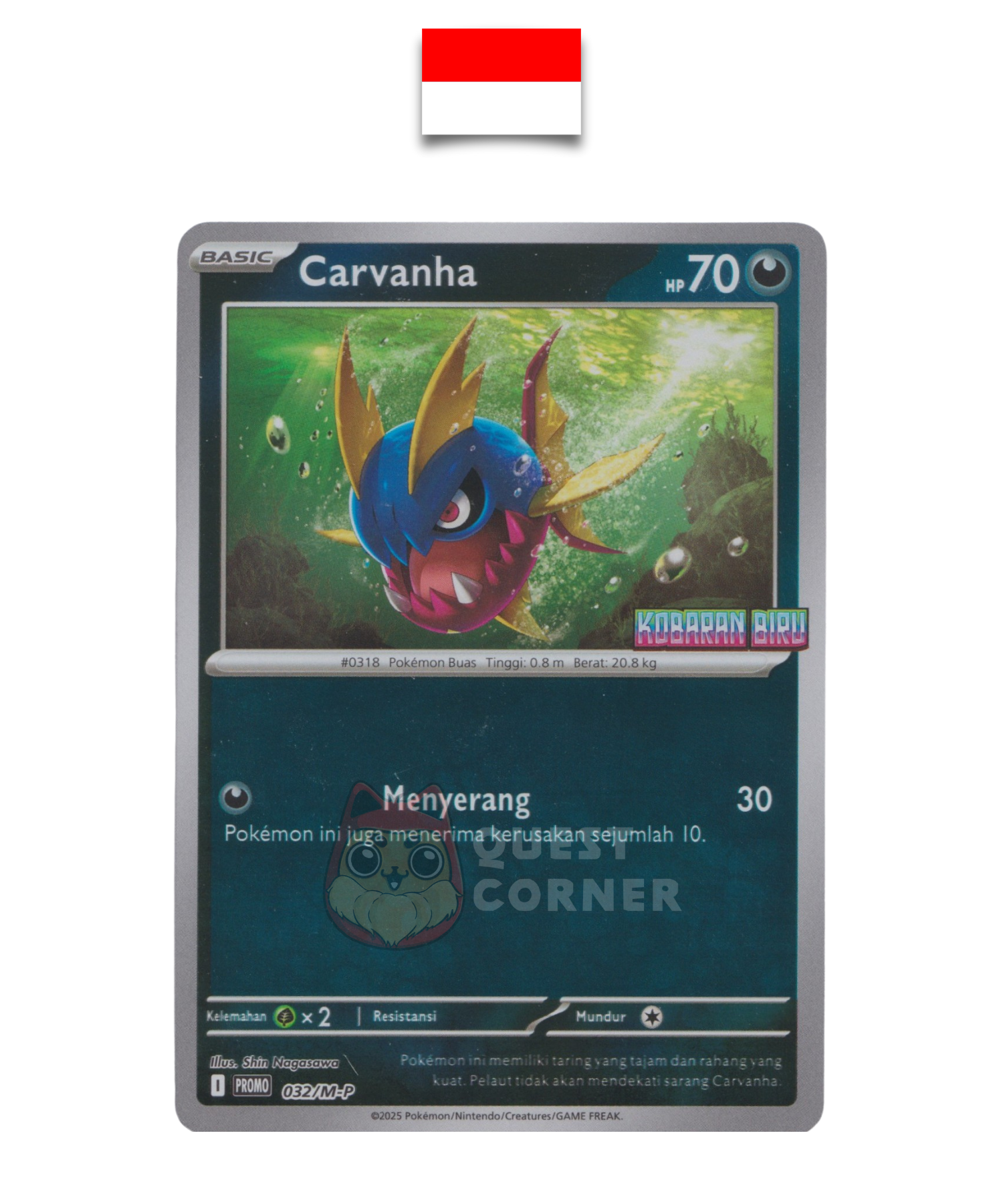 Carte Pokémon – Carvanha 032/M-P – Reverse Holo – Promo Stamp – Kobaran Biru – Indonésien - Quest Corner