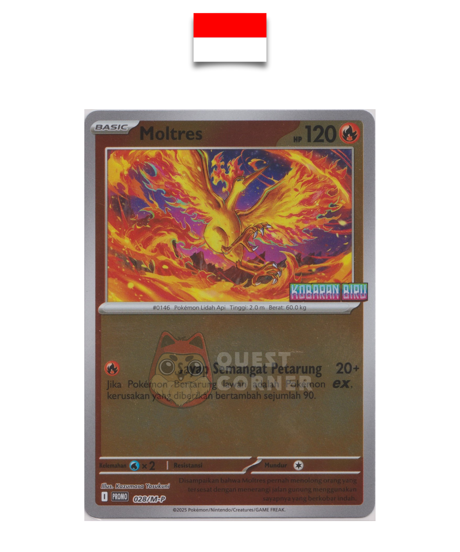 Carte Pokémon – Sulfura 028/M-P – Reverse Holo – Promo Stamp – Kobaran Biru – Indonésien - Quest Corner